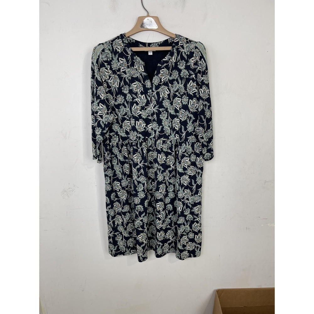 J Jill Womens M Navy Blue Floral V-Neck Long Sleeve Midi Dress Rayon Blend